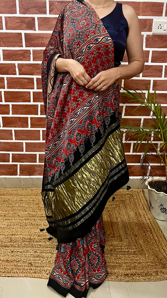 Ajrakh modal silk saree : Ready to ship