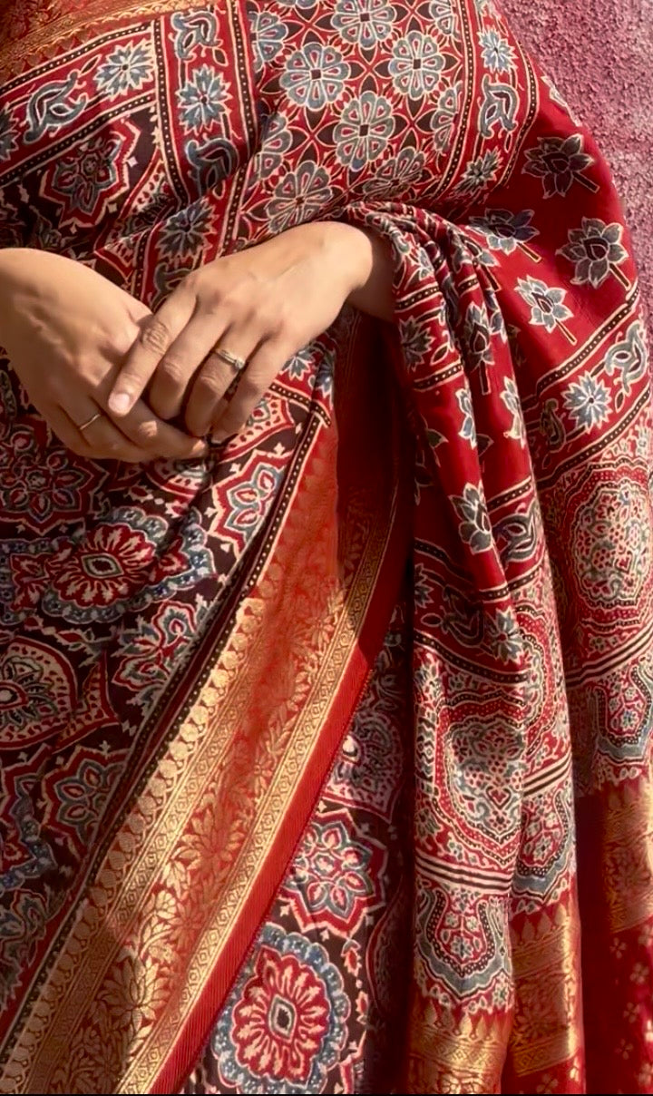 Ajrakh Dola silk saree : Make to order