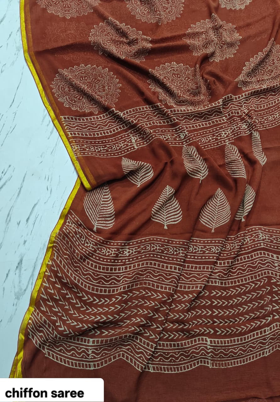 Chiffon Handblock Printed Saree : Availability up on Production