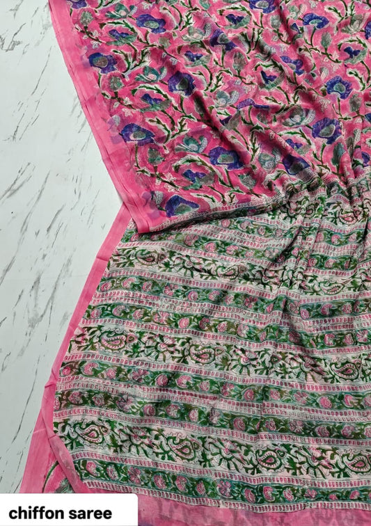 Chiffon Handblock Printed Saree : Availability up on Production