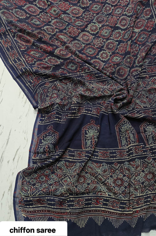 Chiffon Handblock Printed Saree : Availability up on Production