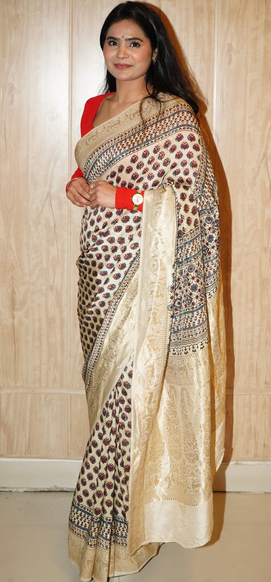 Ajrakh Dola silk saree : Make to order