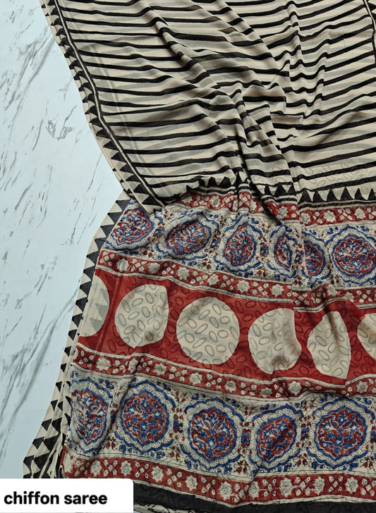 Chiffon Handblock Printed Saree : Availability up on Production