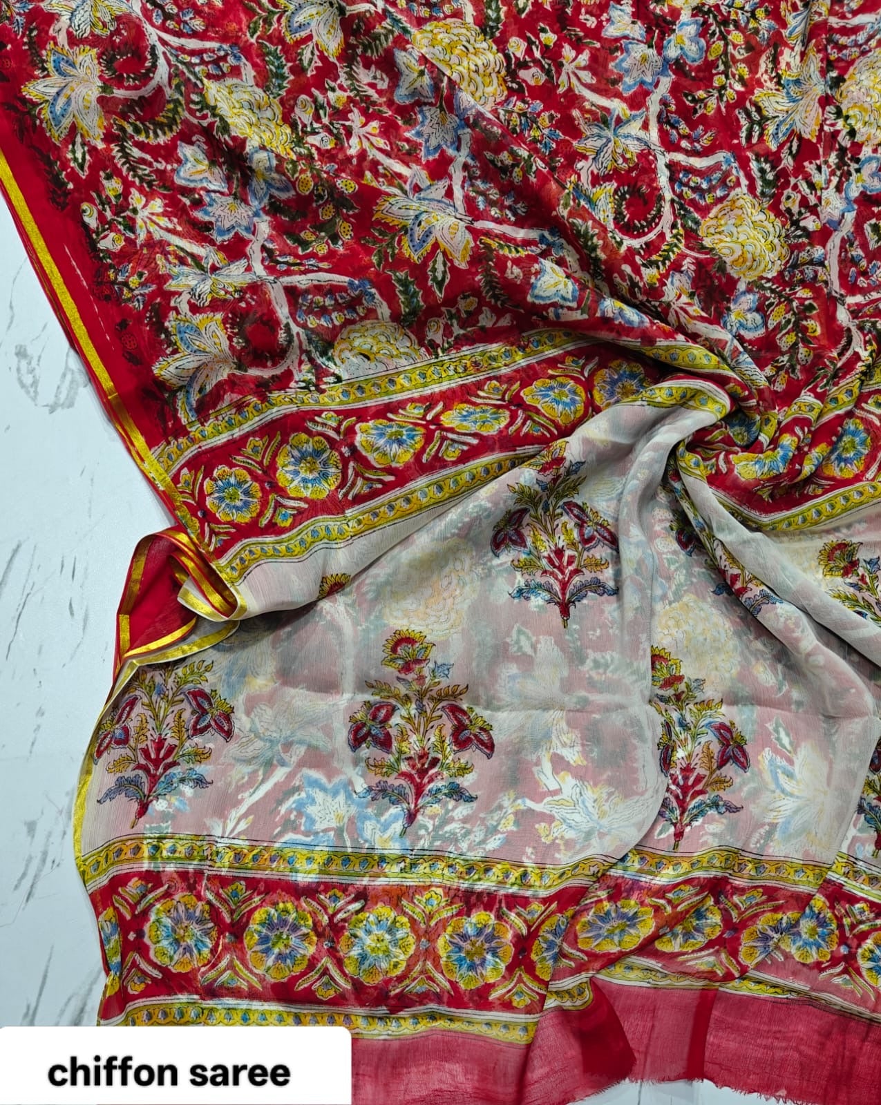 Chiffon Handblock Printed Saree : Availability up on Production