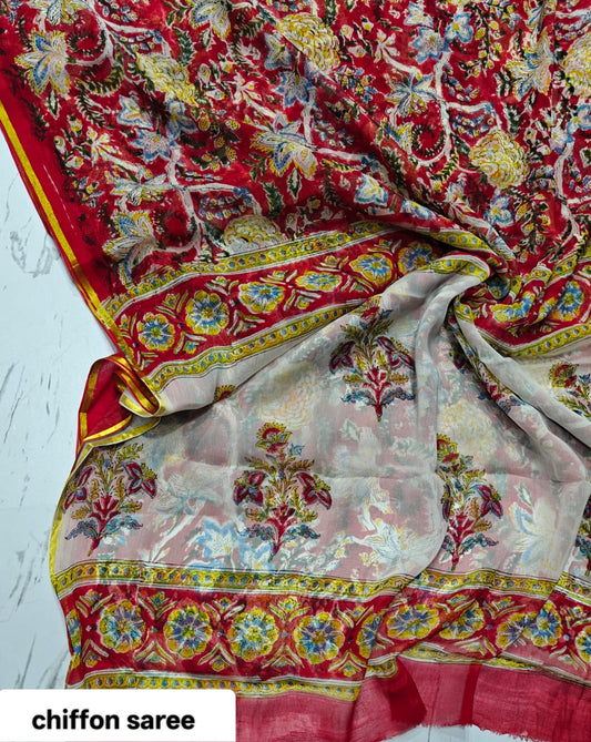 Chiffon Handblock Printed Saree : Availability up on Production