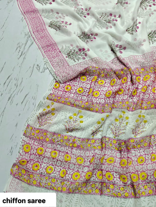 Chiffon Handblock Printed Saree : Availability up on Production