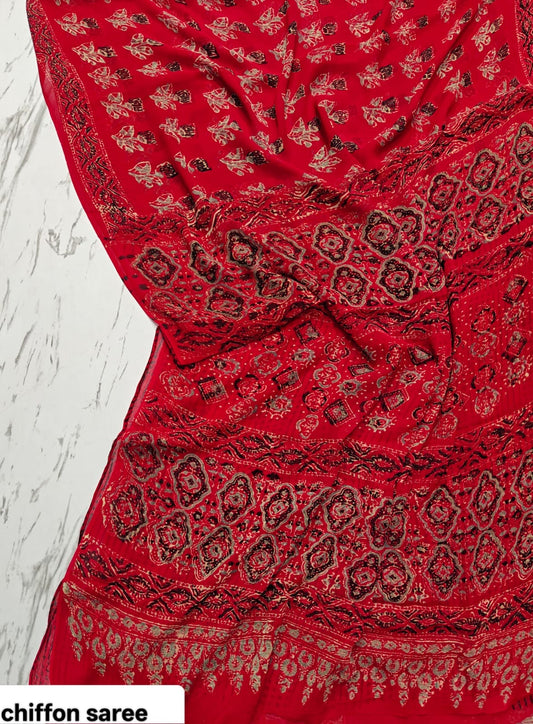 Chiffon Handblock Printed Saree : Availability up on Production