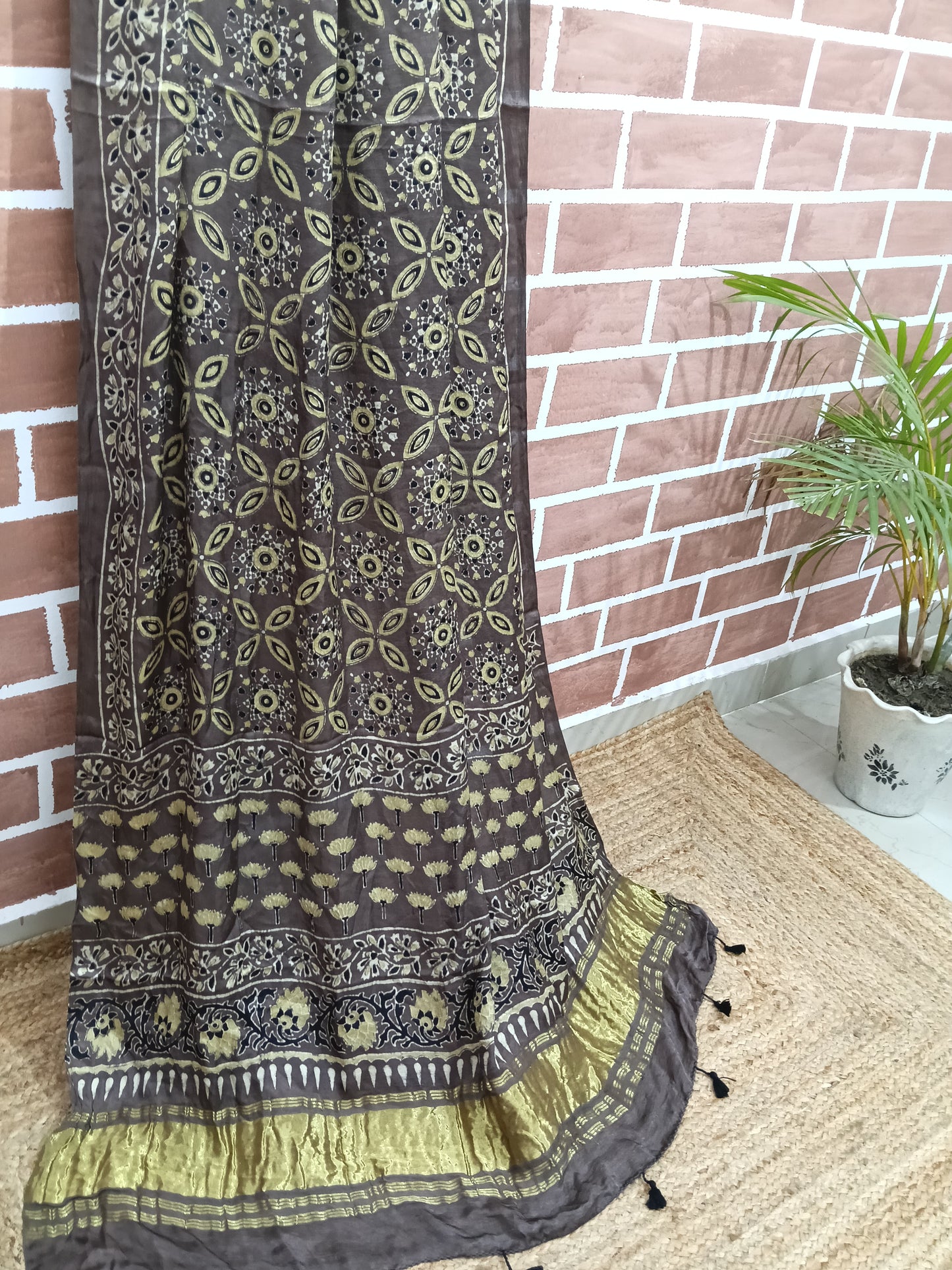 Ajrakh Modal Tissue Dupatta - Brown & gold