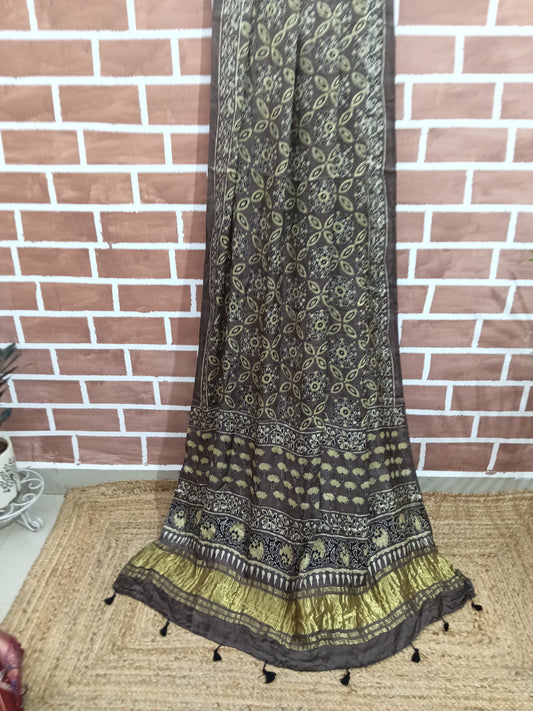 Ajrakh Modal Tissue Dupatta - Brown & gold