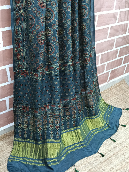 Ajrakh Modal Tissue Dupatta - Green