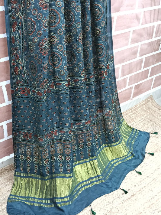 Ajrakh Modal Tissue Dupatta - Green